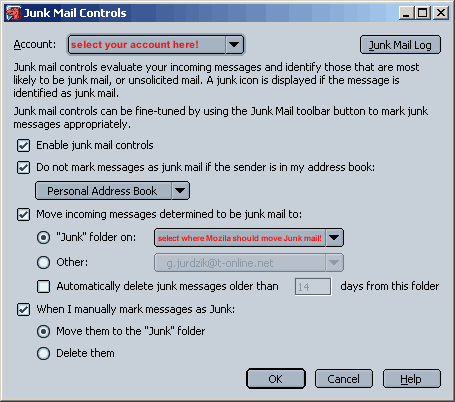 Mozilla Junk Mail Controls window